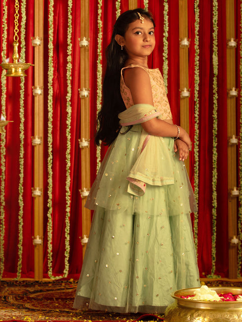 Vastramay Girls' Pink Zari Embroidery Worked Crop Top And Net Lehenga Set